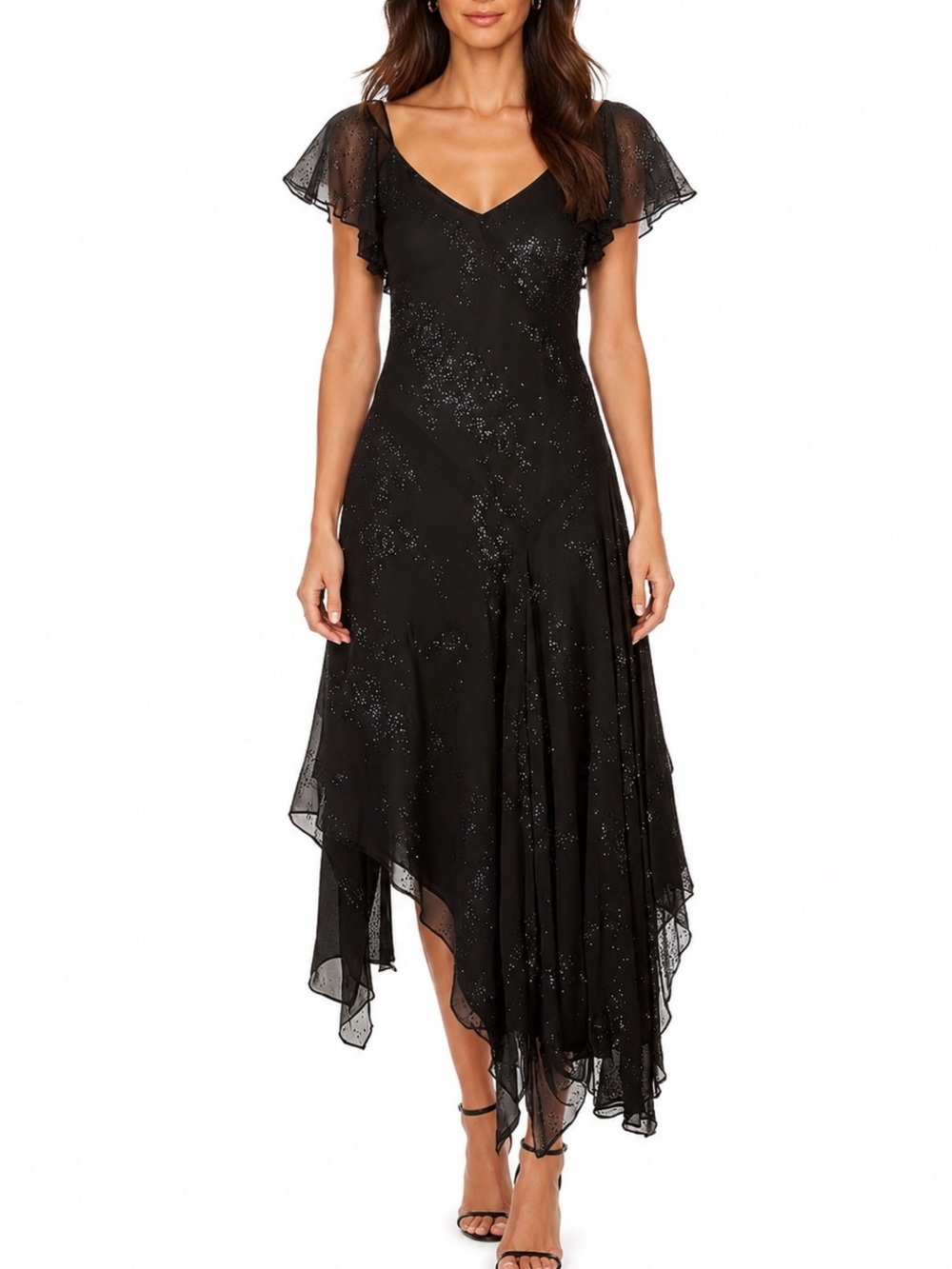 Vintage Diane von Furstenberg DVF black embellished handkerchief hem dress.